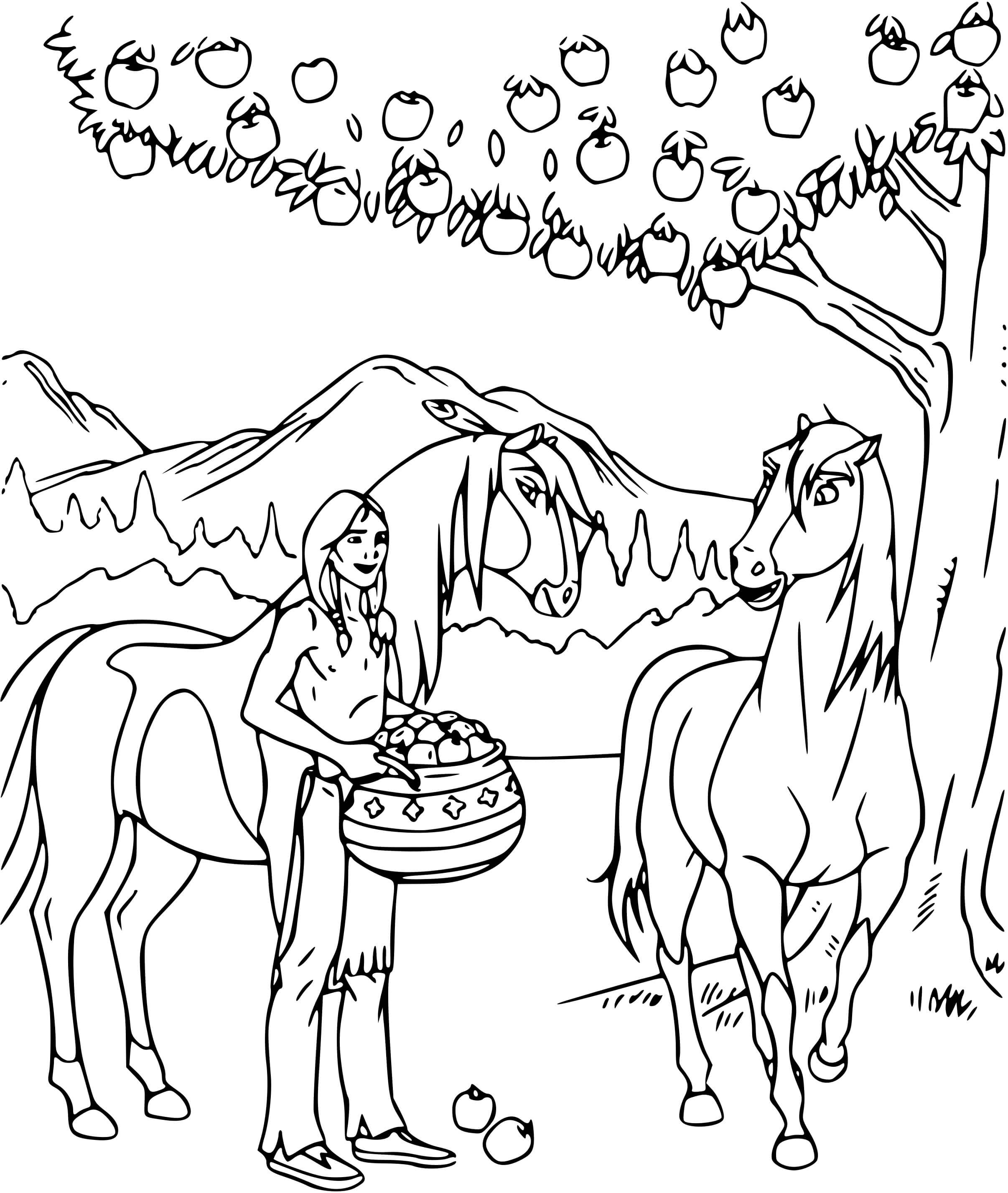 Coloriage Spirit Et Les Indiens Ramassent Des Pommes - Spirit à imprimer