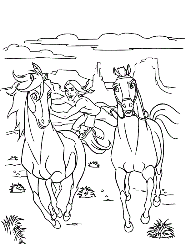 Coloriage Spirit Fait La Course Avec Un Cheval - Spirit à imprimer