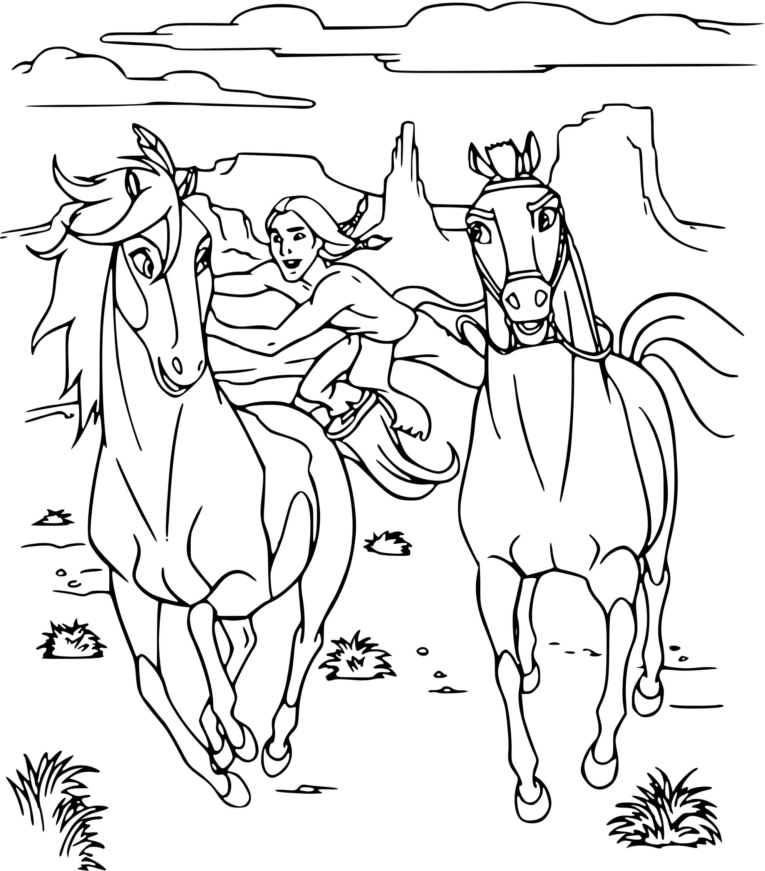 Coloriage Spirit Fait La Course Avec Un Cheval - Spirit à imprimer