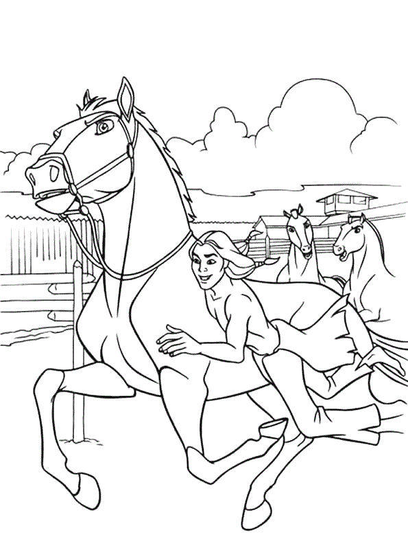 Coloriage Spirit Prêt Pour La Course Avec Son Chevalier - Spirit à imprimer