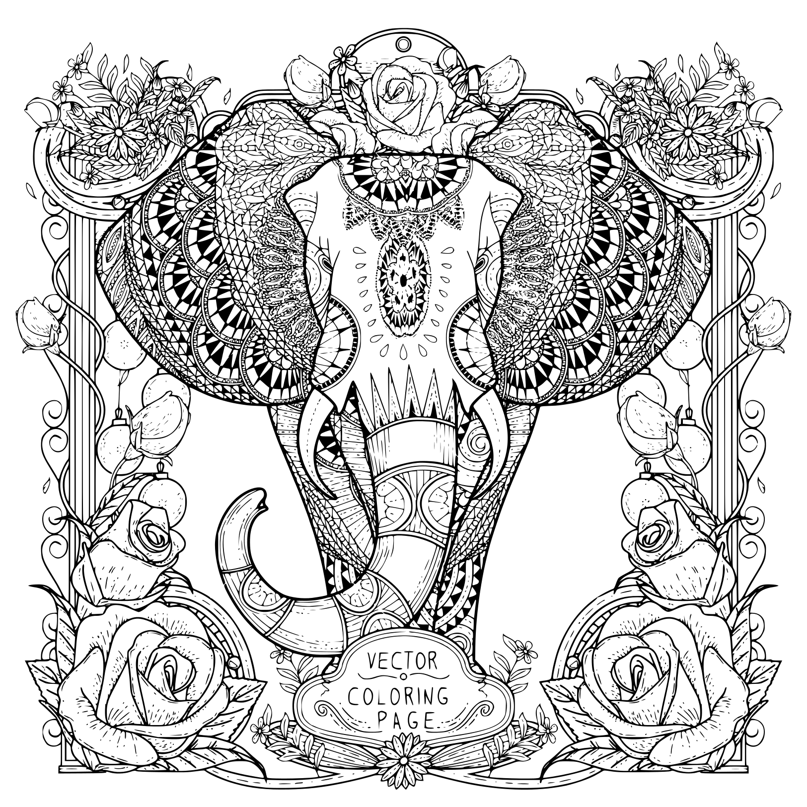 Coloriage Splendide Éléphant Avec Vegetations Adulte Anti Stress - Éléphant à imprimer