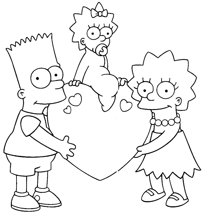 Coloriage St Valentin Bart Et Lisa Portent Maggie Sur Un Cœur - Saint-Valentin à imprimer