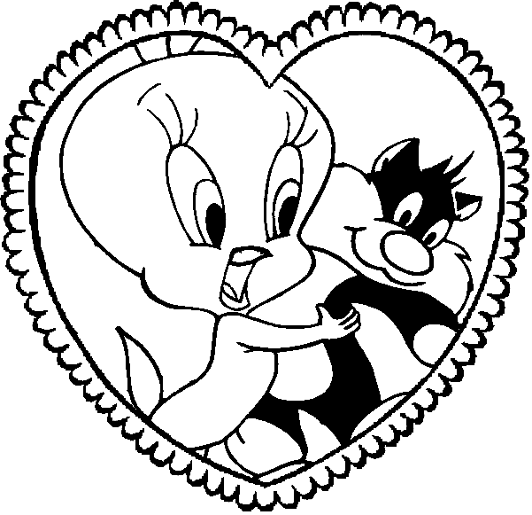 Coloriage St Valentin Titi Et Grosminet Dans Un Cœur - Saint-Valentin à imprimer