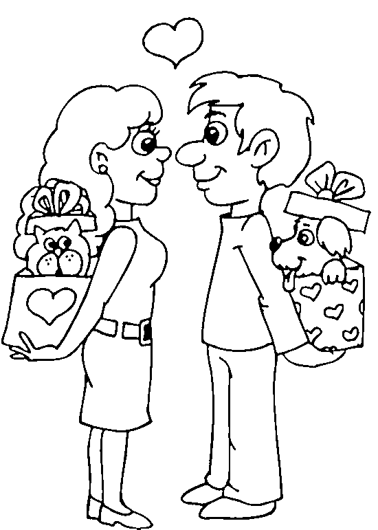 Coloriage St Valentin Deux Amoureux Avec Des Cadeaux - Saint-Valentin à imprimer
