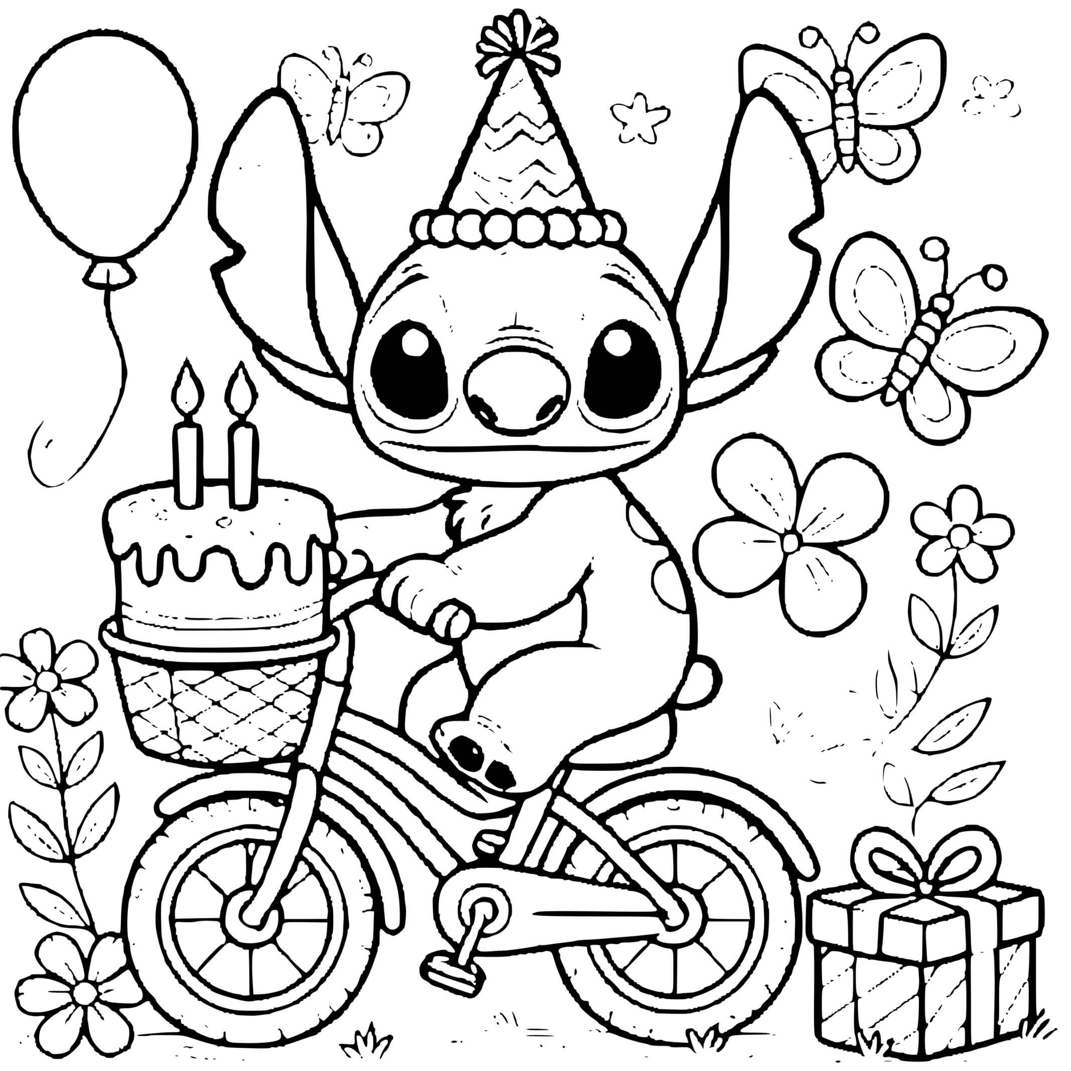 Coloriage Stitch A Vélo Avec Gâteau D'anniversaire - Stitch anniversaire à imprimer