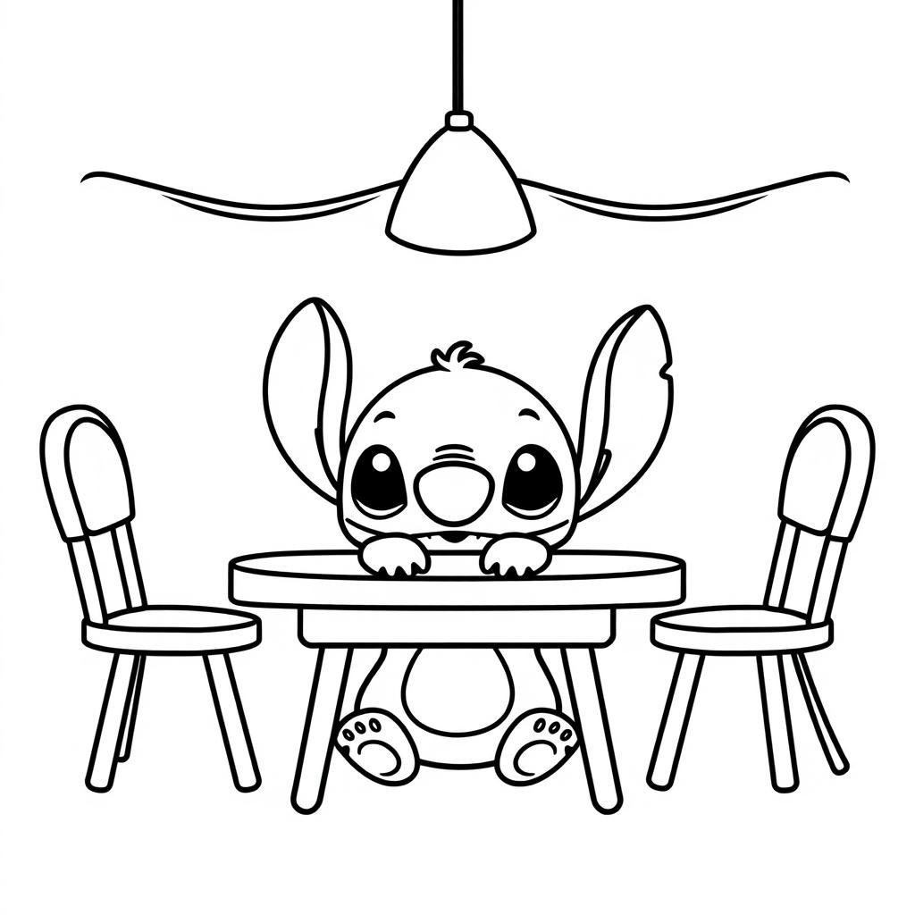 Coloriage Stitch Assis A Une Table - Stitch facile à imprimer