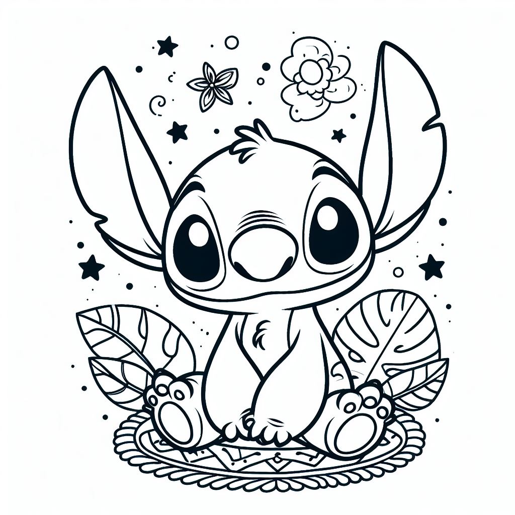 Coloriage Stitch Assis Avec Des Fleurs Et Des Étoiles Facile - Stitch facile à imprimer