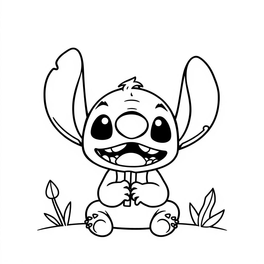 Coloriage Stitch Assis Avec Un Grand Sourire - Stitch facile à imprimer