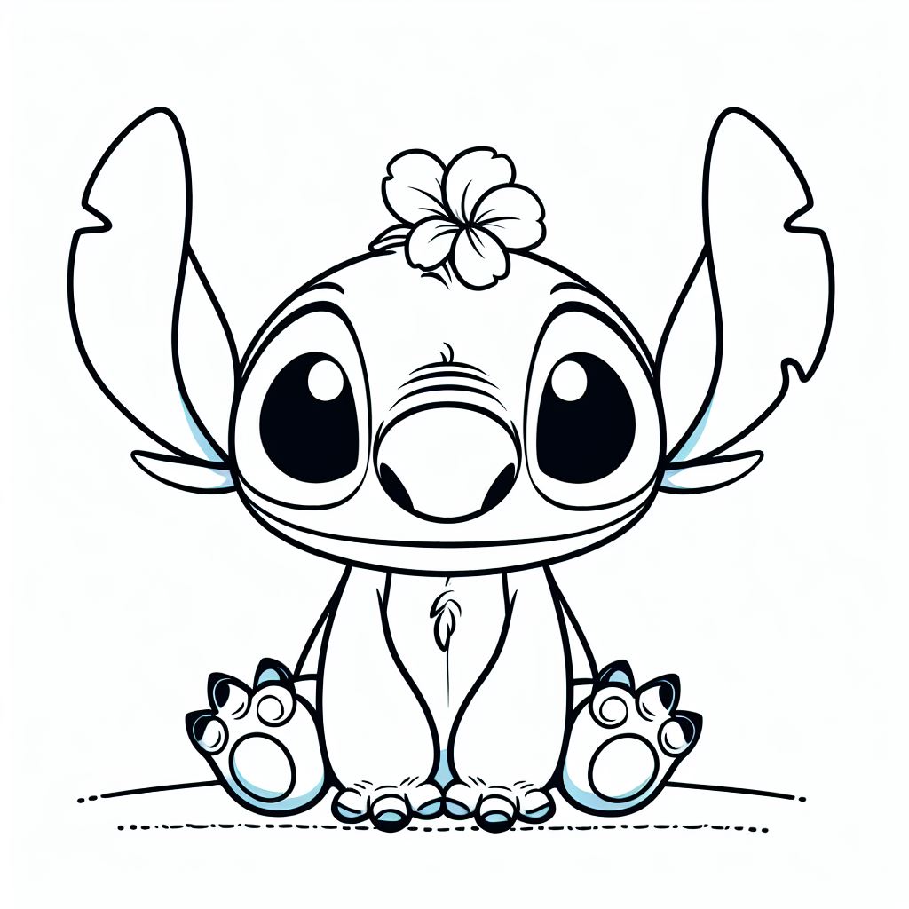 Coloriage Stitch Assis Avec Une Fleur Sur La Tête - Stitch mignon à imprimer