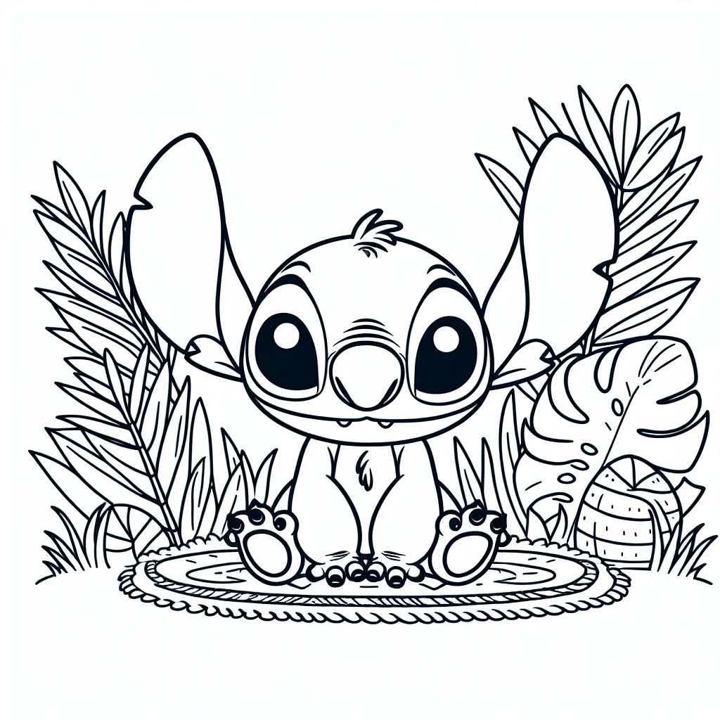 Coloriage Stitch Assis Dans Un Decor Tropical - Stitch mignon à imprimer