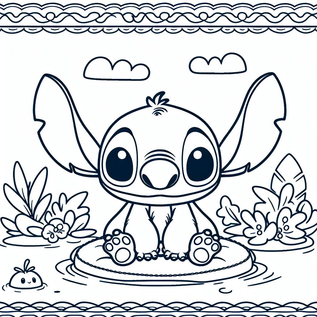 Coloriage Stitch Assis Sur Un Nenuphar Facile - Stitch facile à imprimer
