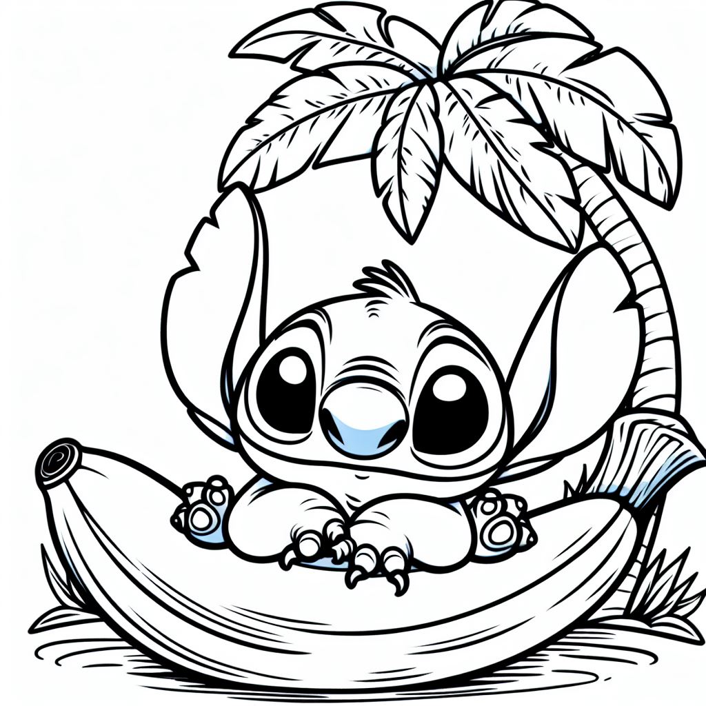 Coloriage Stitch Assis Sur Une Banane - Stitch mignon à imprimer