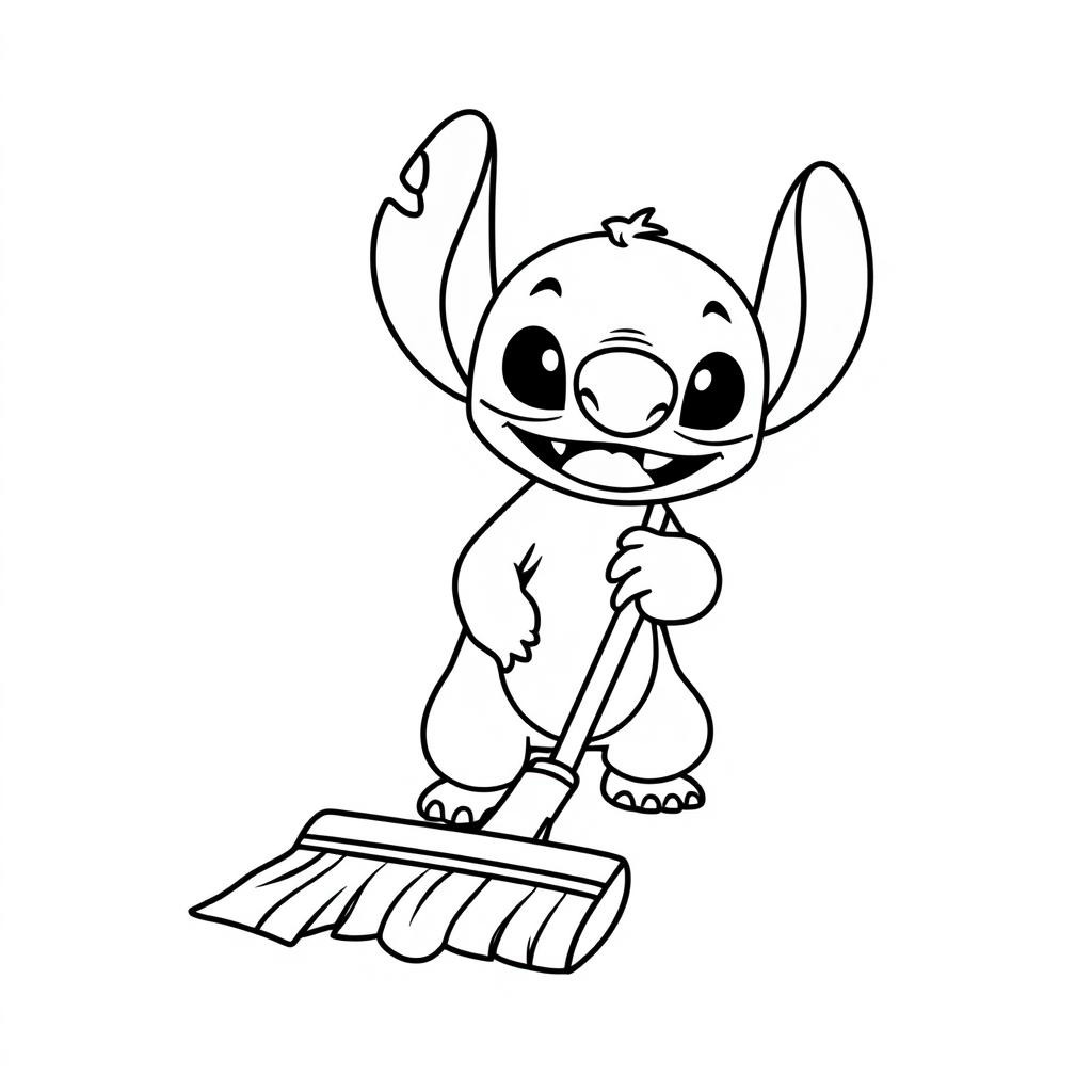 Coloriage Stitch Avec Balai - Stitch facile à imprimer