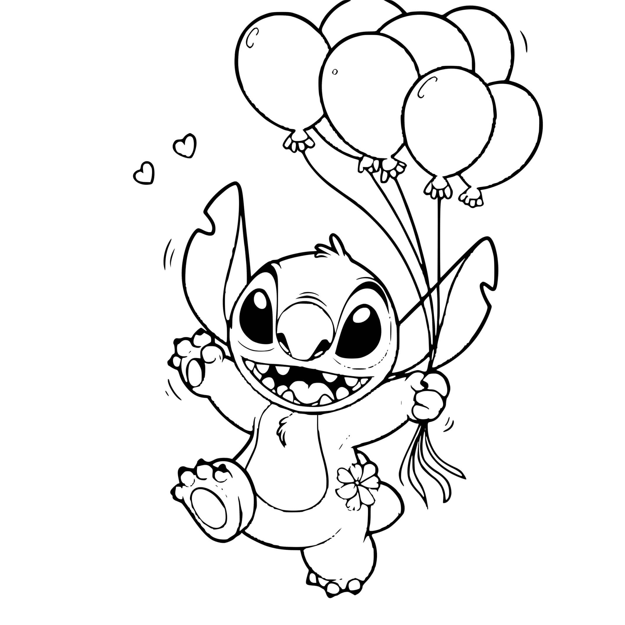 Coloriage Stitch Avec Ballons Et Fleur - Stitch anniversaire à imprimer