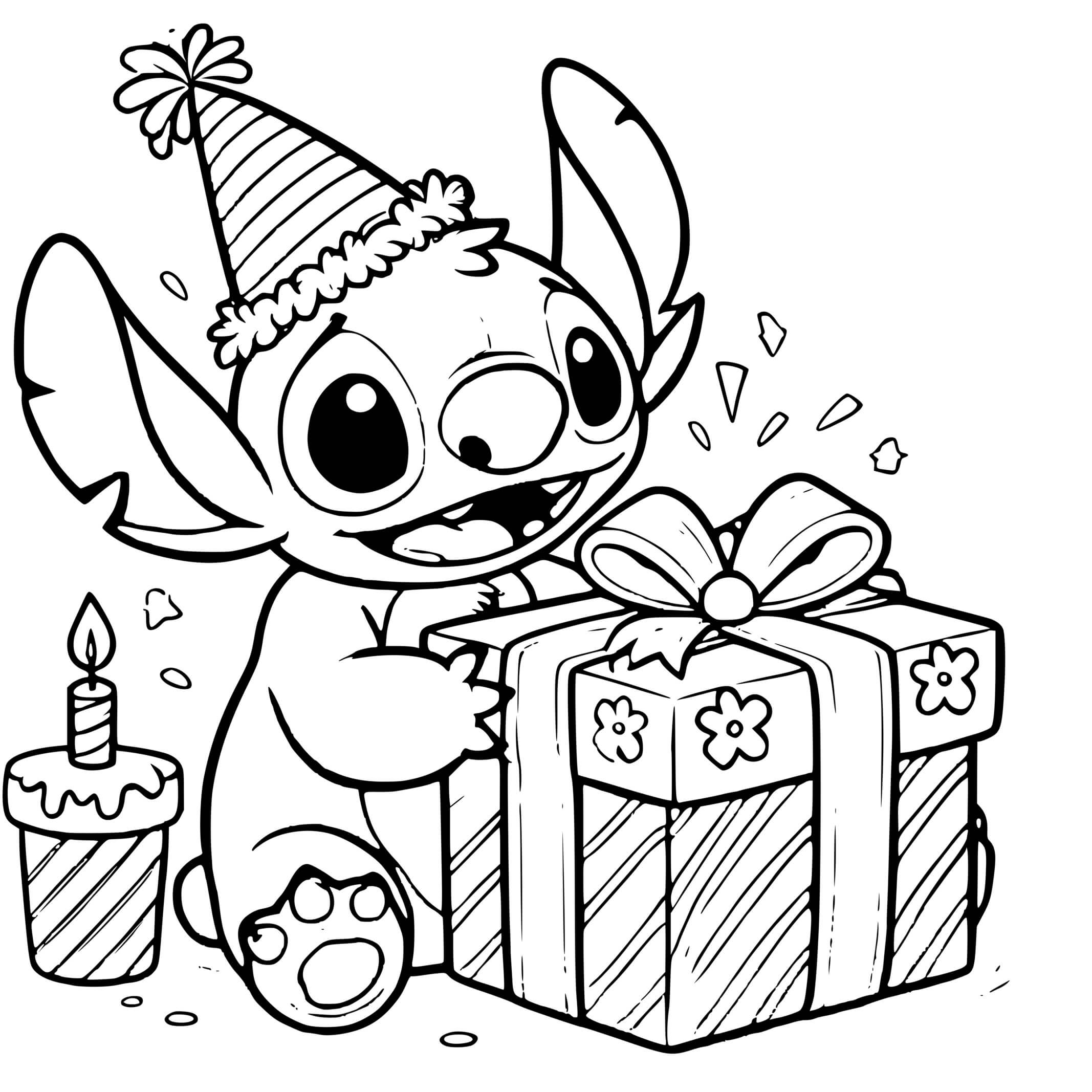 Coloriage Stitch Avec Cadeau Anniversaire Et Cupcake - Stitch anniversaire à imprimer