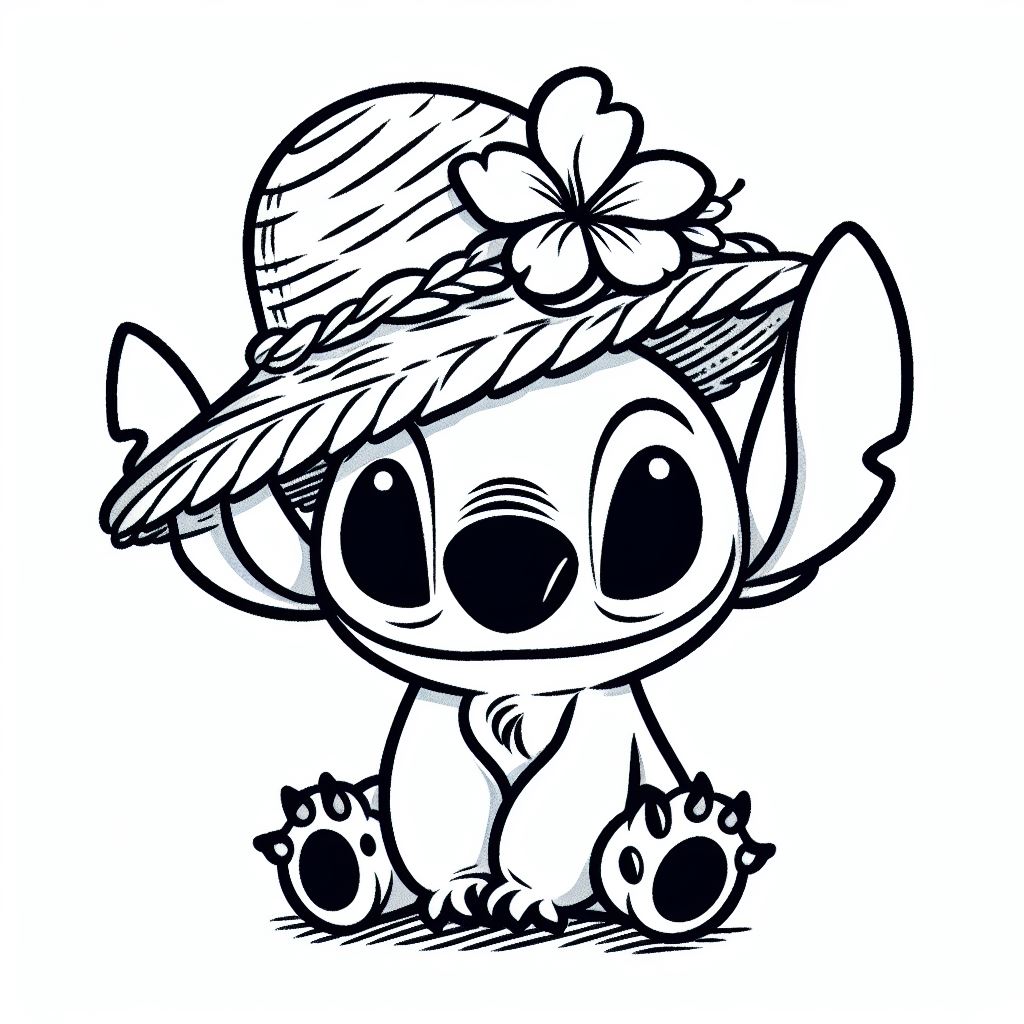 Coloriage Stitch Avec Chapeau Et Fleur - Stitch mignon à imprimer