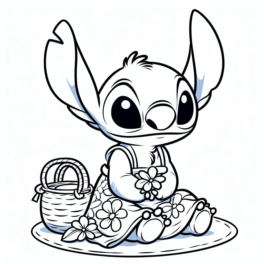 Coloriage Stitch Avec Des Fleurs Et Un Panier - Stitch mignon à imprimer