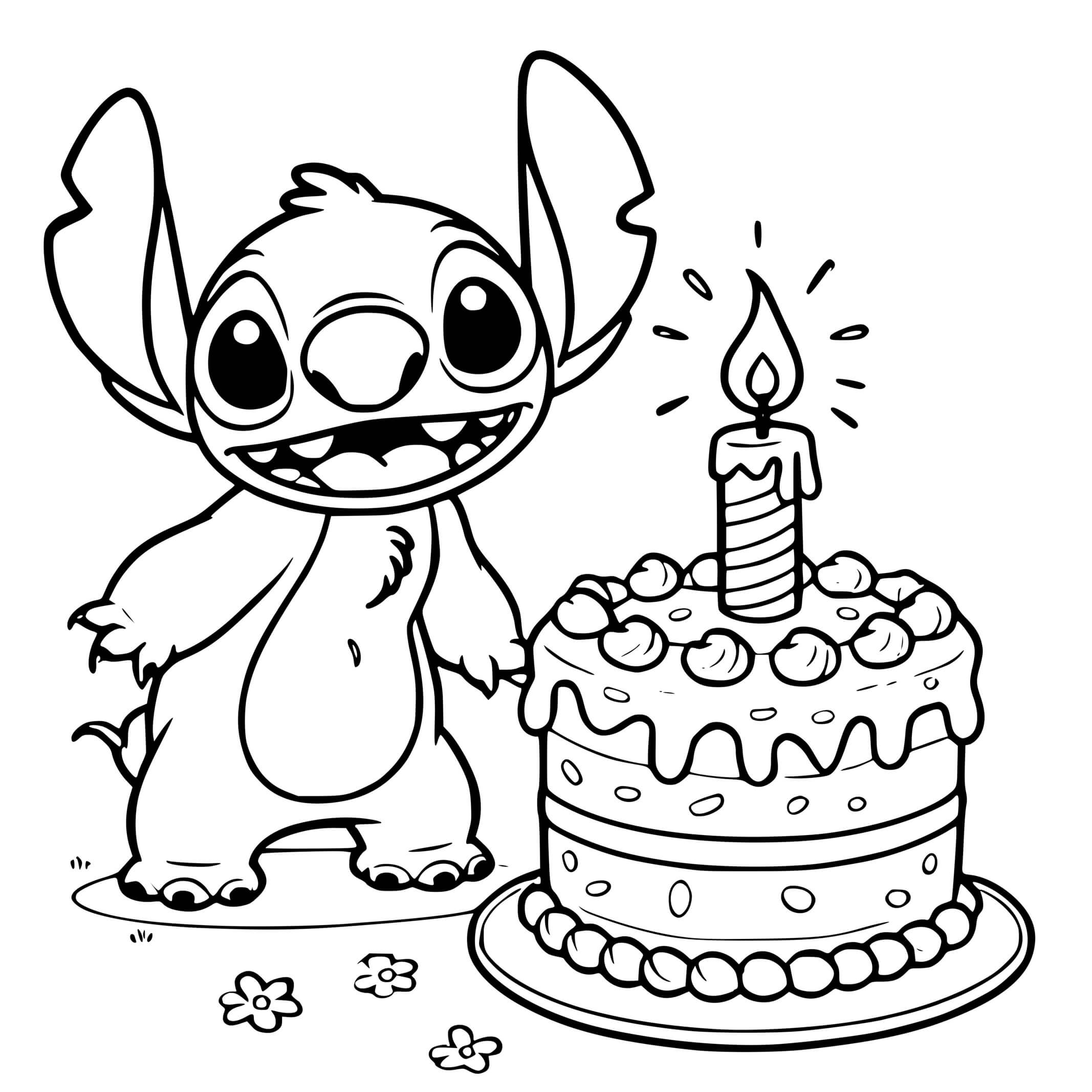 Coloriage Stitch dégustant un gâteau d'anniversaire - Stitch anniversaire à imprimer