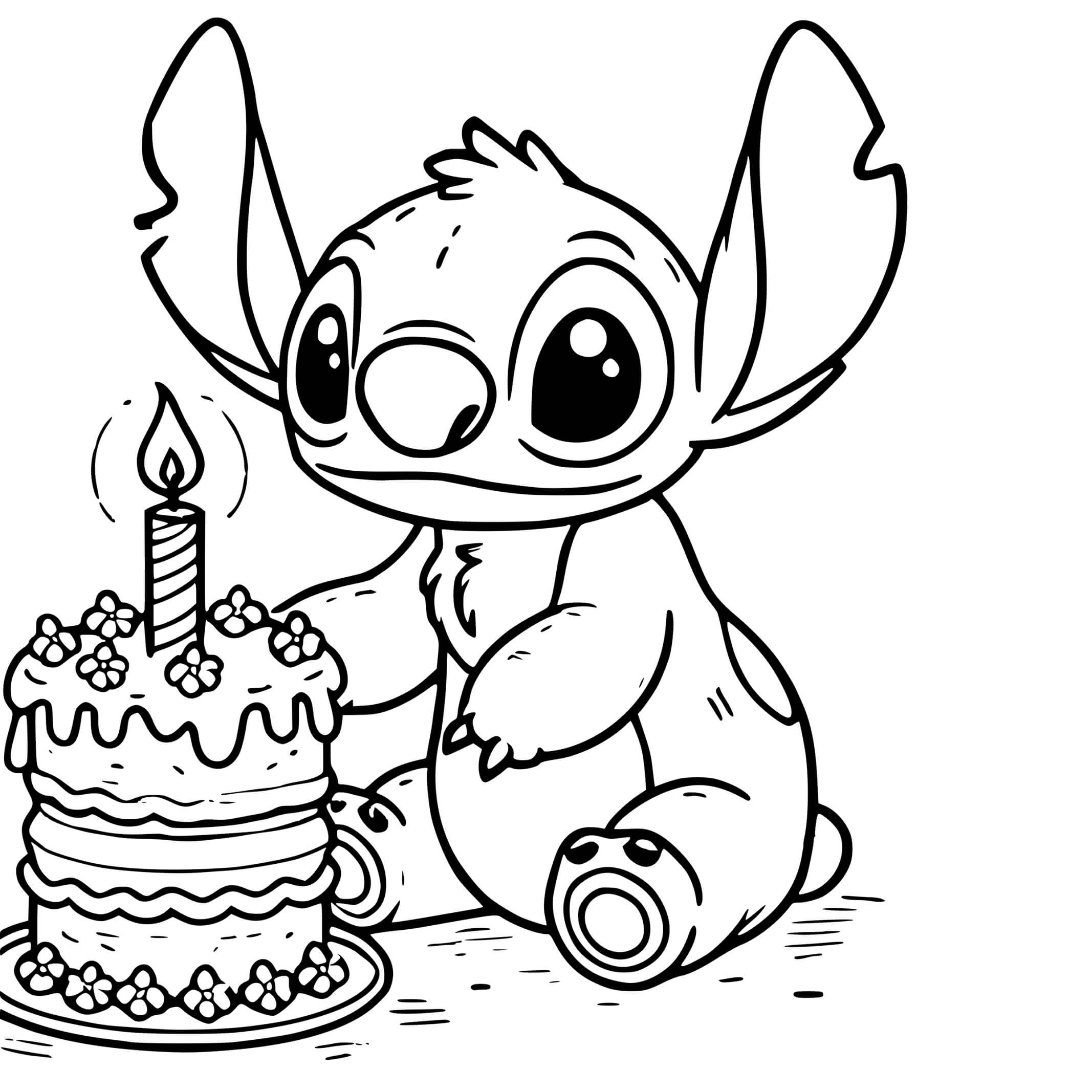 Coloriage Stitch avec gâteau d'anniversaire coloré - Stitch anniversaire à imprimer