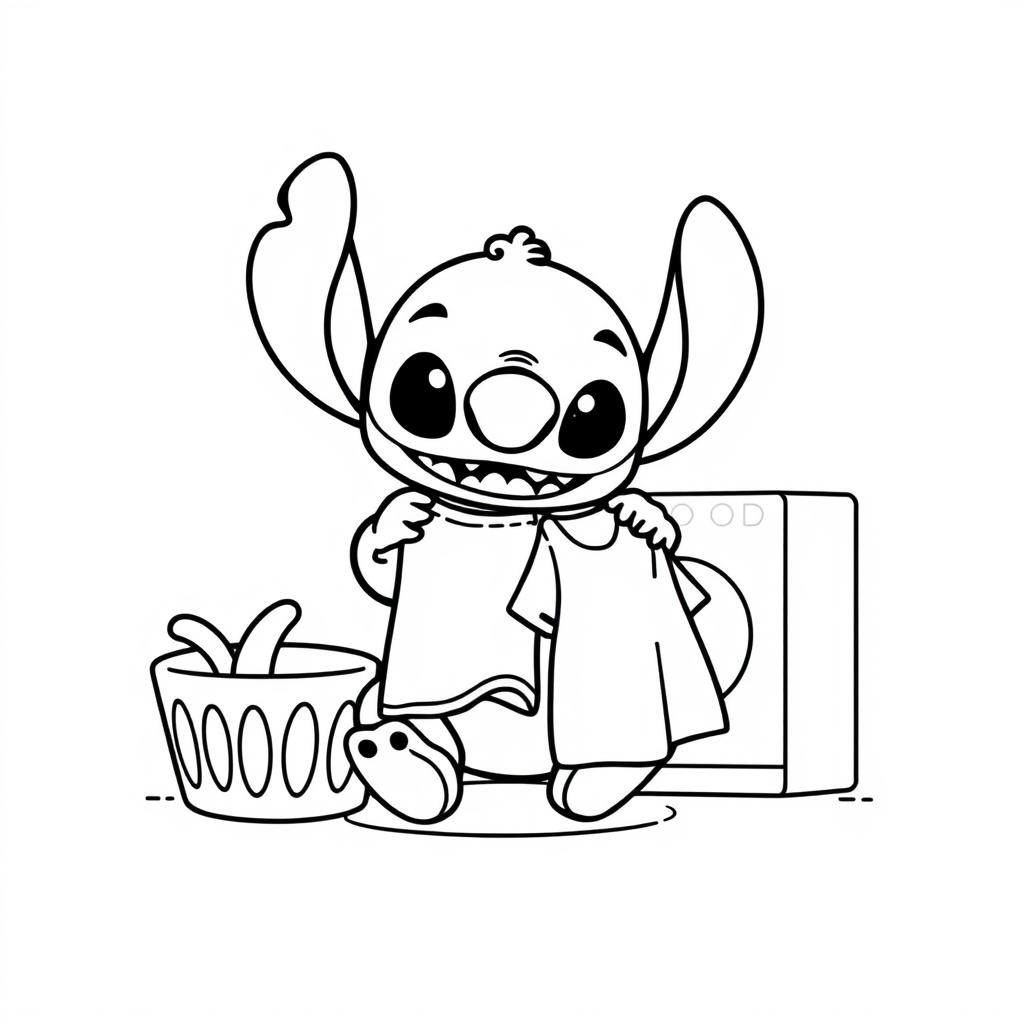 Coloriage Stitch Avec Panier Et Vetements - Stitch mignon à imprimer