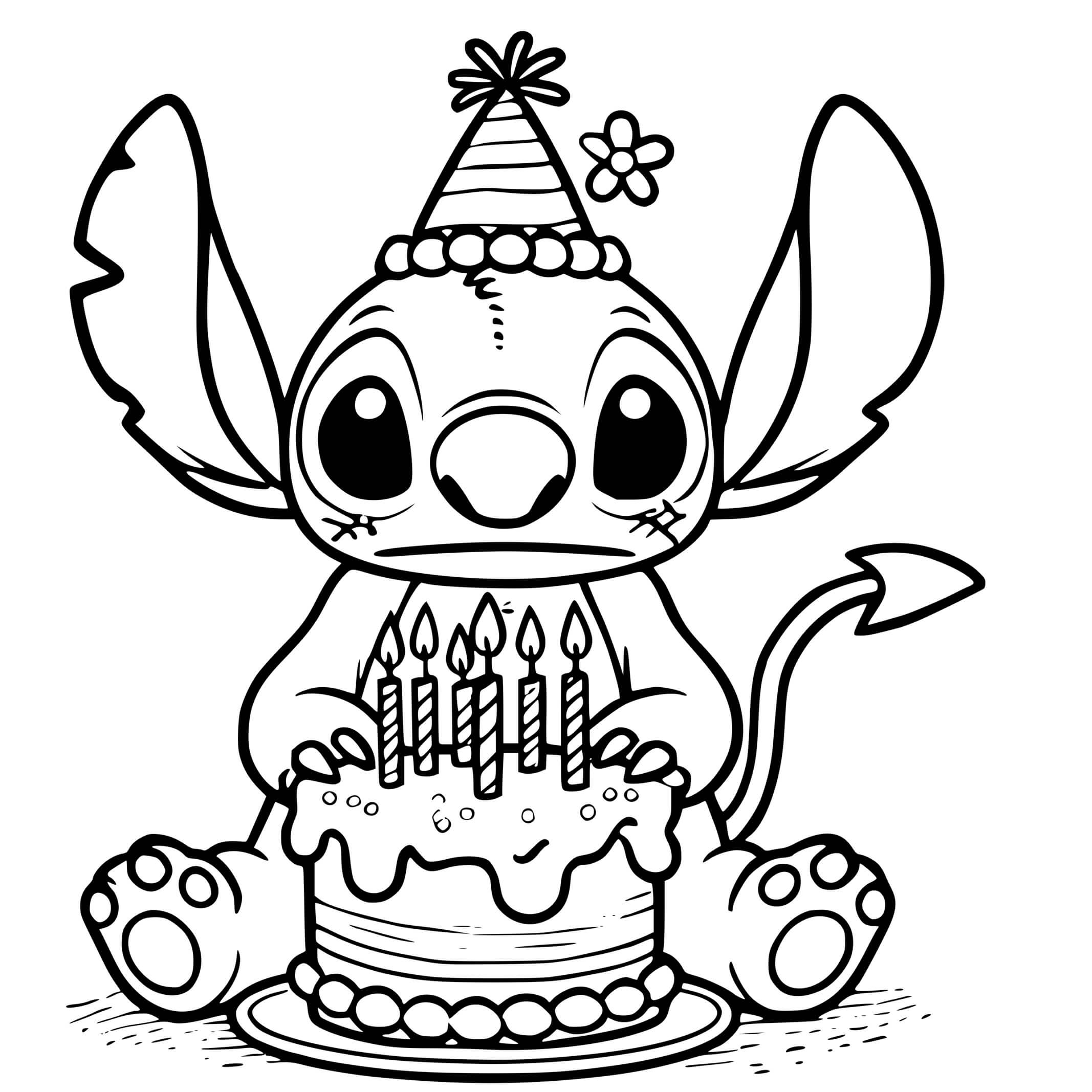 Coloriage Stitch Avec Un Gâteau D'anniversaire - Stitch anniversaire à imprimer