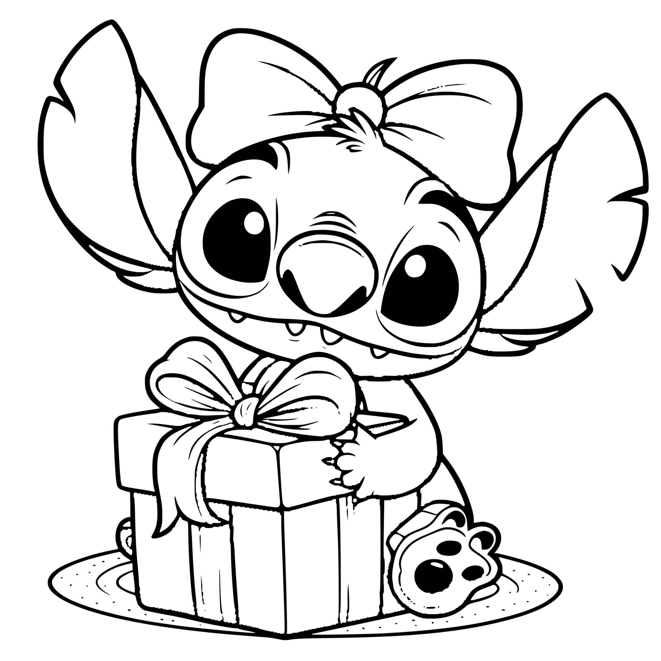 Coloriage Stitch Avec Une Boite De Cadeau Pour Sa Fête - Stitch anniversaire à imprimer