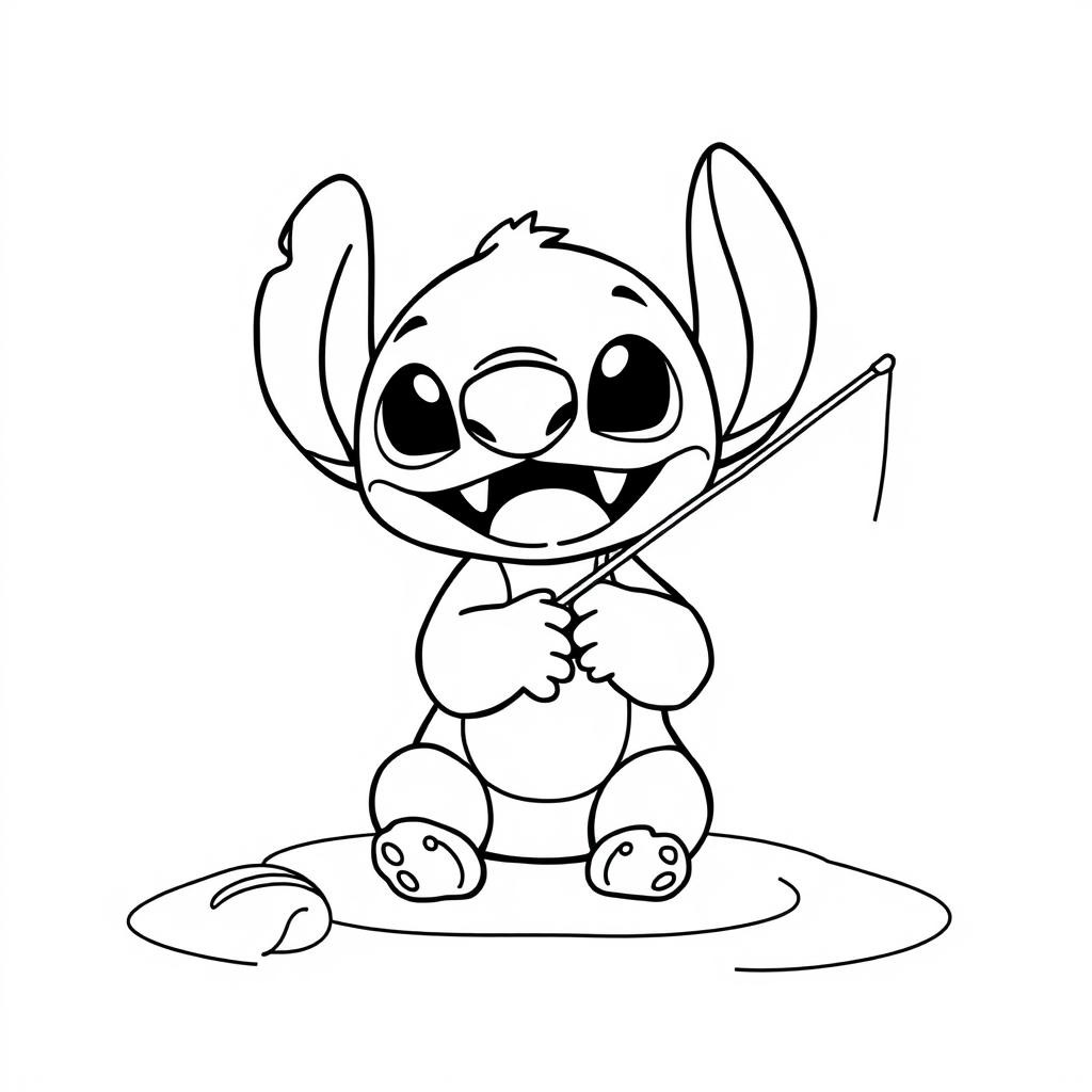 Coloriage Stitch Avec Une Canne A Pêche - Stitch mignon à imprimer
