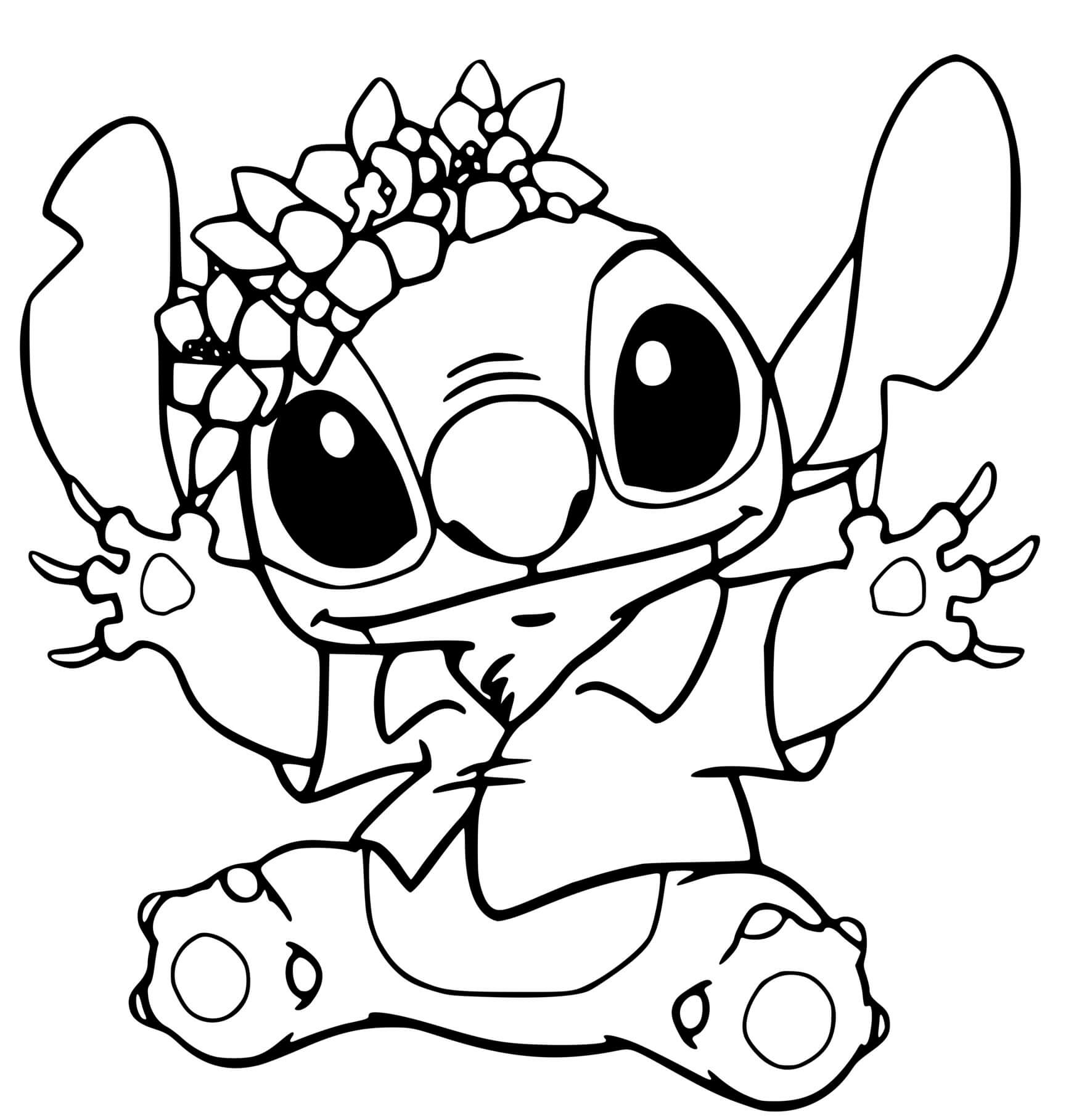 Coloriage Stitch Avec Une Couronne De Fleurs Prêt Pour La Fête - Stitch à imprimer