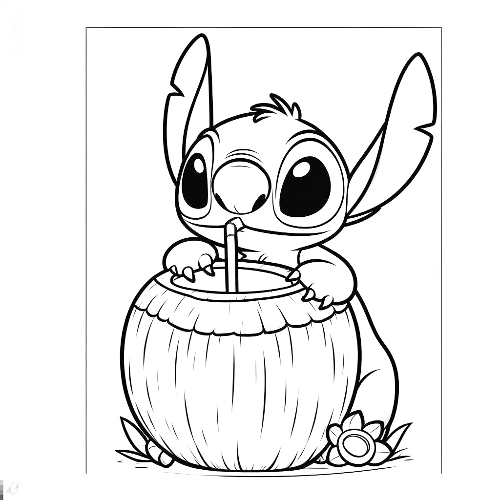 Coloriage Stitch Boit Dans Noix De Coco Facile - Stitch facile à imprimer