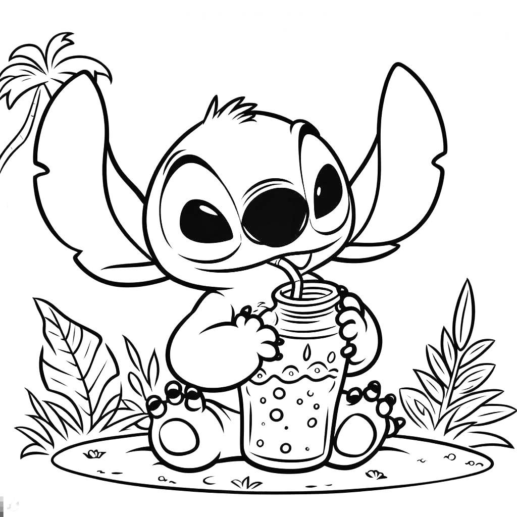 Coloriage Stitch Boit Une Boisson Tropicale - Stitch mignon à imprimer