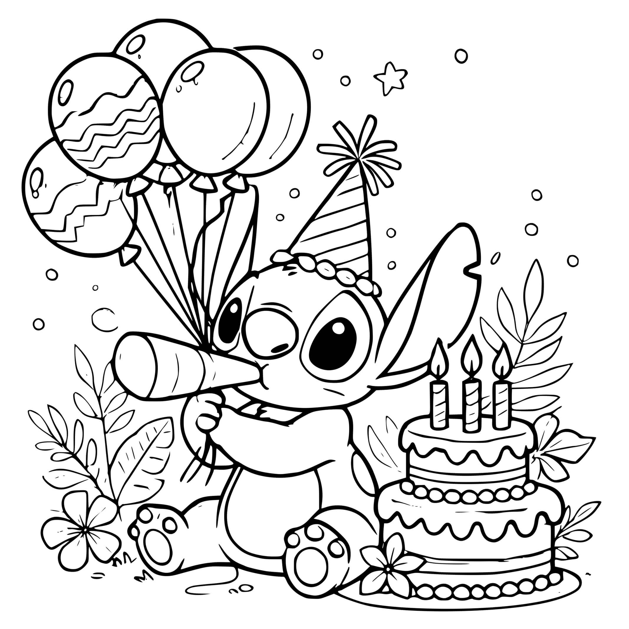 Coloriage Stitch Célébrant Un Anniversaire Avec Gâteau Et Ballons - Stitch anniversaire à imprimer