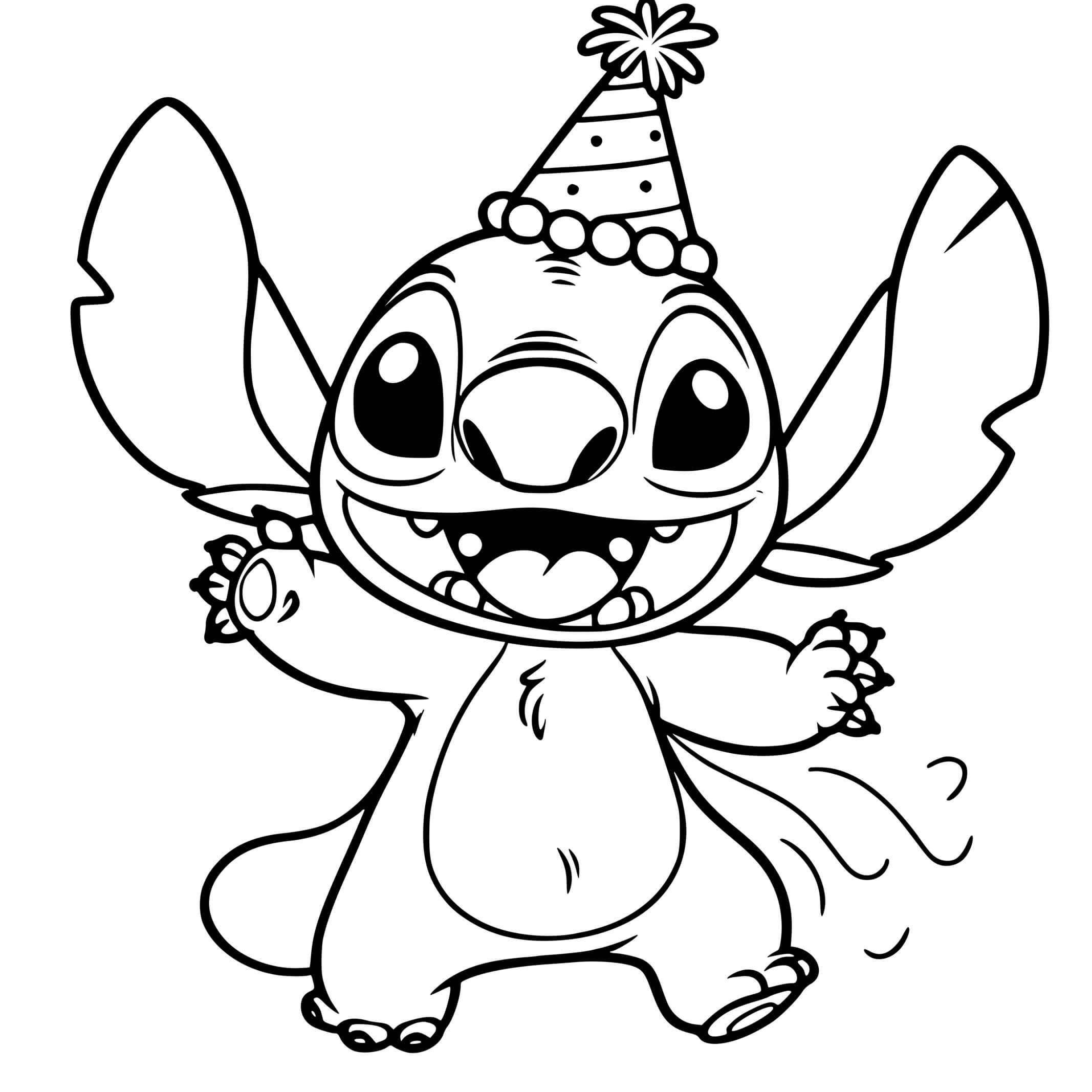 Coloriage Stitch célébrant son anniversaire avec joie - Stitch anniversaire à imprimer