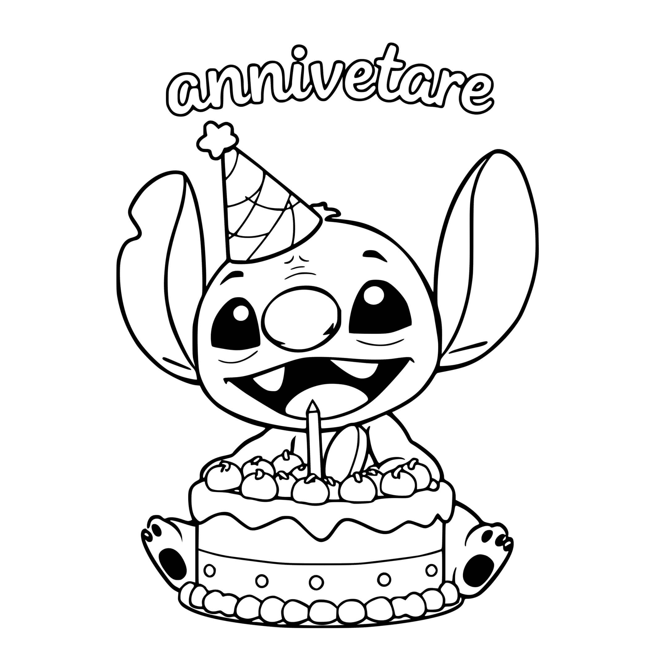 Coloriage Stitch célébrant son anniversaire avec gâteau - Stitch anniversaire à imprimer