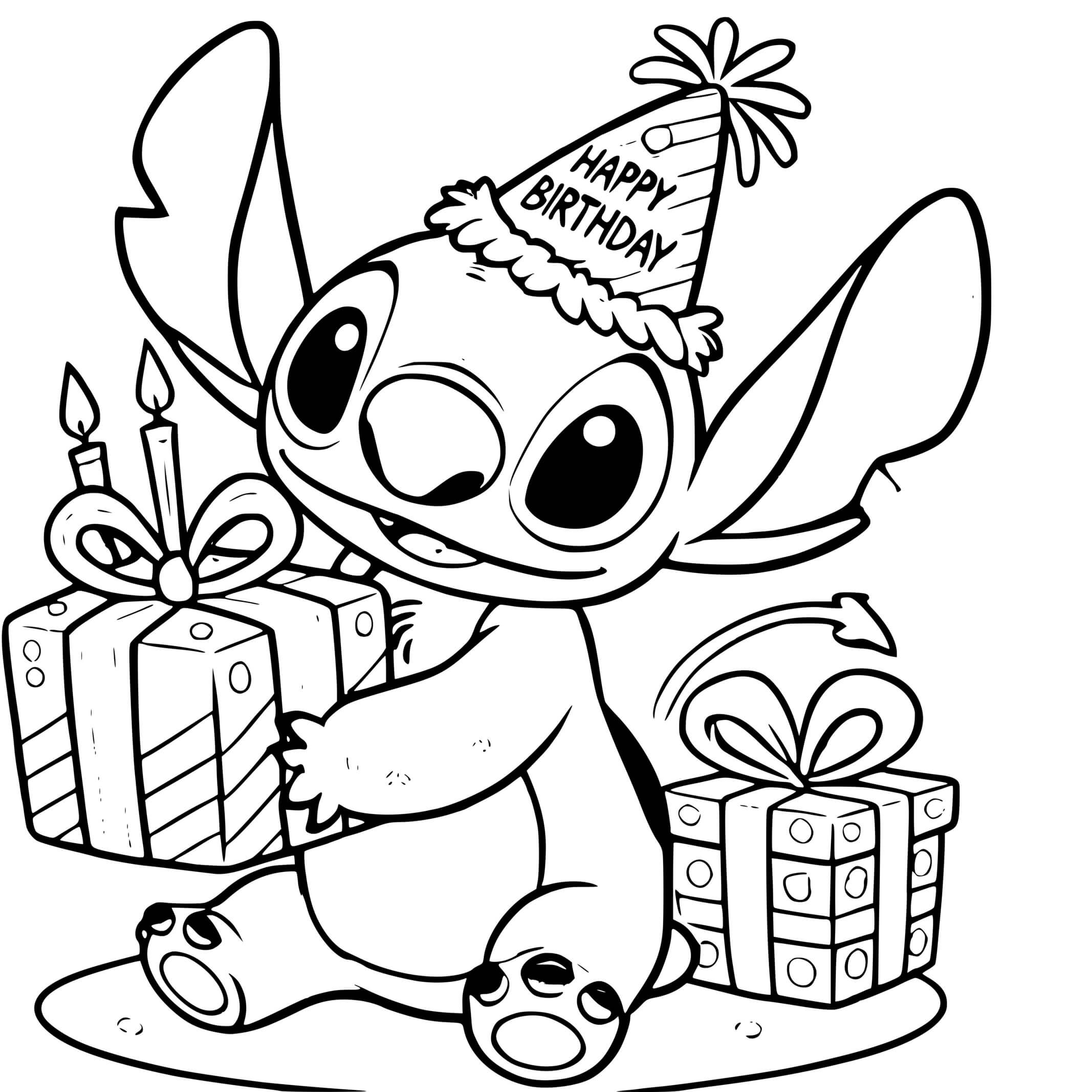 Coloriage Stitch Célèbre Son Anniversaire Avec Des Cadeaux - Stitch anniversaire à imprimer