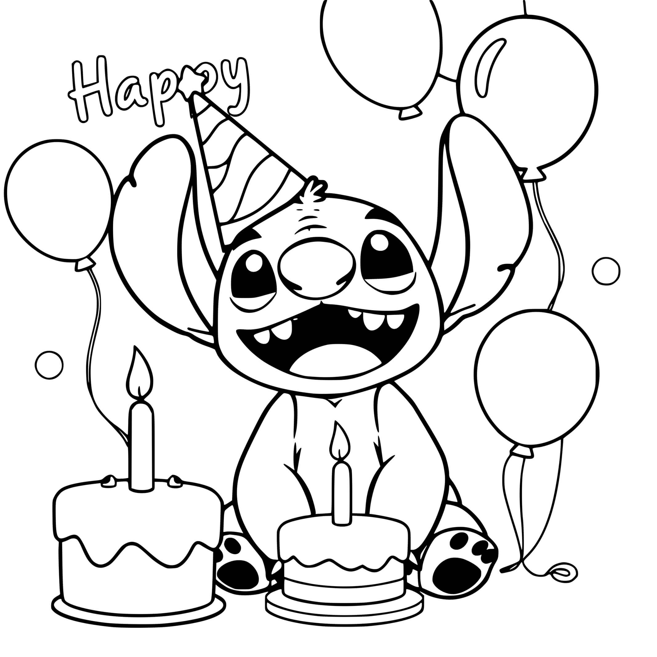 Coloriage Stitch Célèbre Son Anniversaire Avec Des Gâteaux Et Des Ballons - Stitch anniversaire à imprimer
