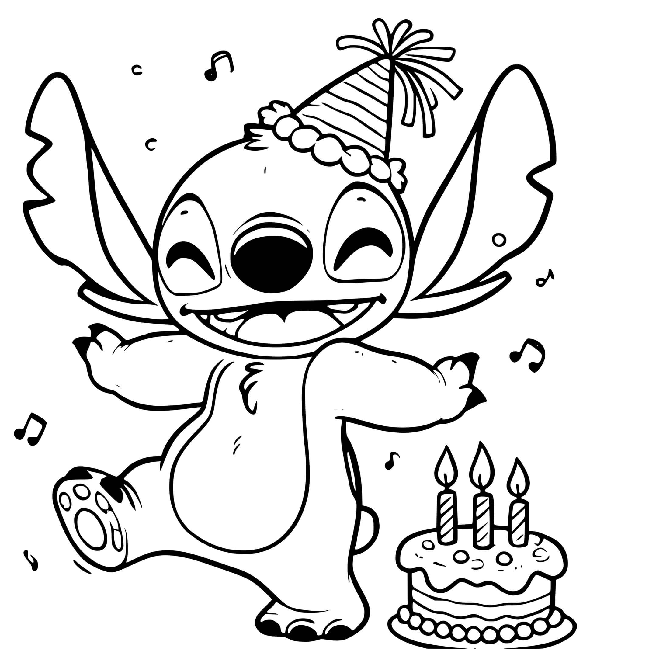 Coloriage Stitch Célèbre Son Anniversaire Avec Un Gâteau - Stitch anniversaire à imprimer