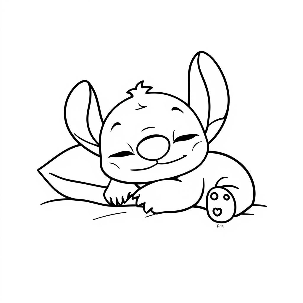 Coloriage Stitch endormi souriant avec ses grandes oreilles - Stitch facile à imprimer