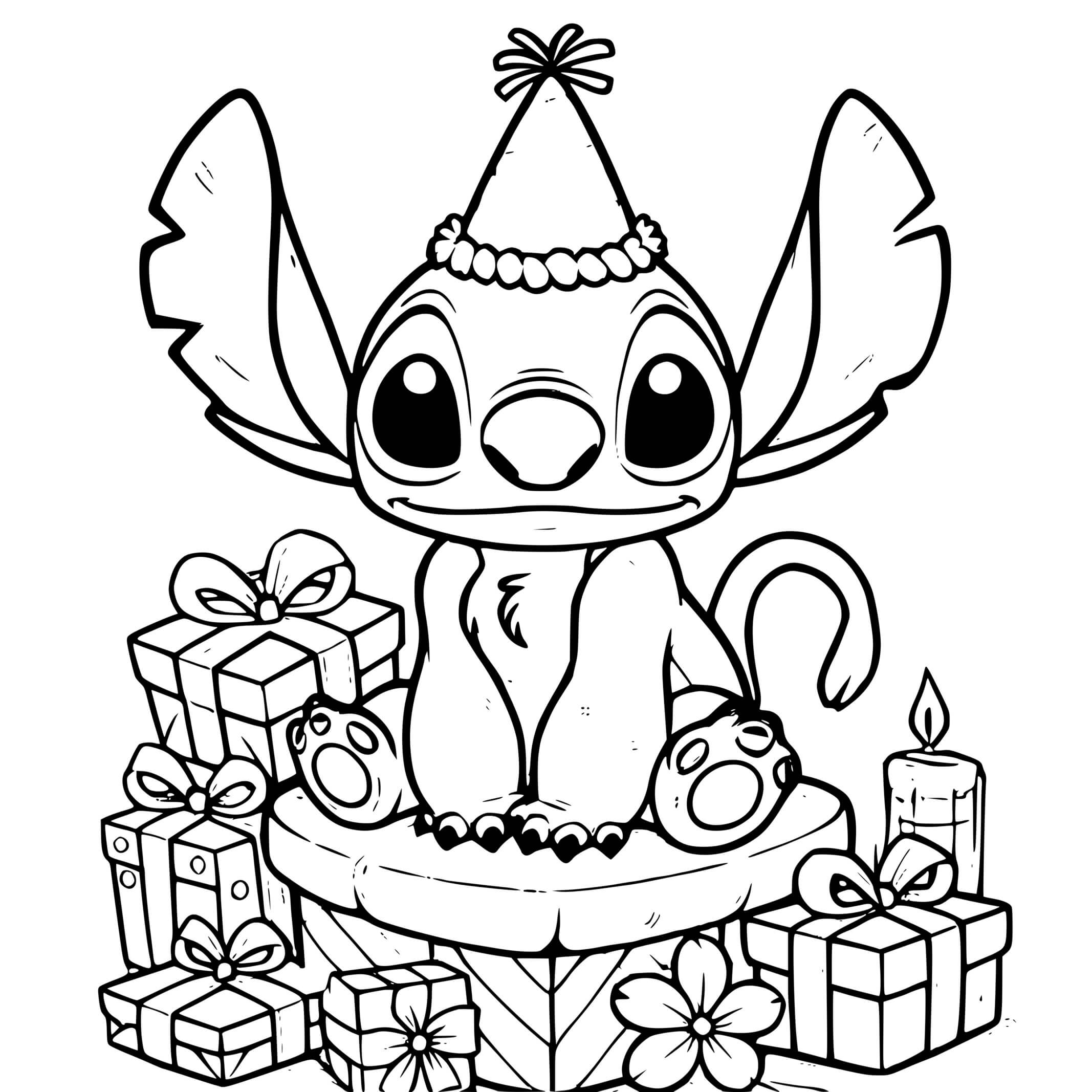 Coloriage Stitch En Fête Avec Cadeaux Et Chapeau De Fête - Stitch anniversaire à imprimer