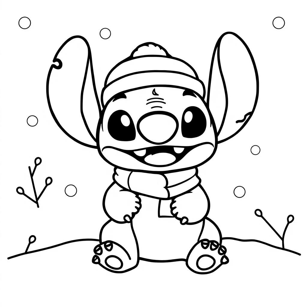 Coloriage Stitch frissonnant dans la neige hivernale - Stitch facile à imprimer
