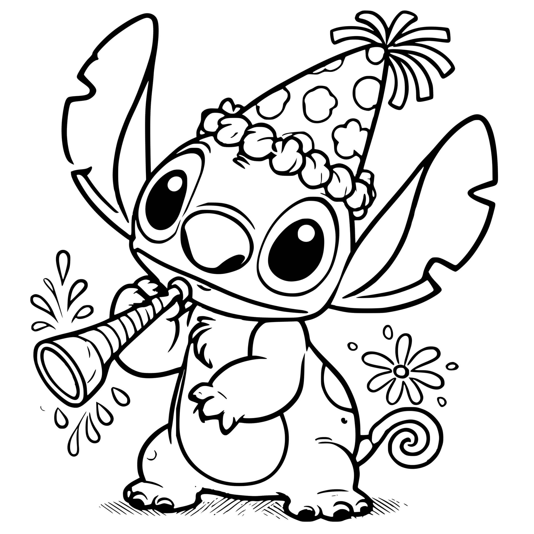 Coloriage Stitch En Mode Fête - Stitch anniversaire à imprimer