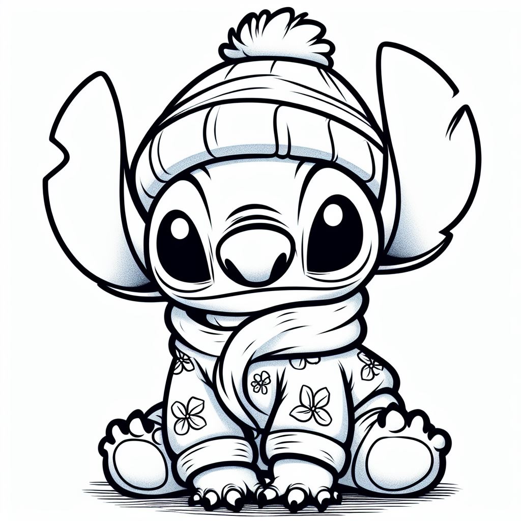 Coloriage Stitch en habit d'hiver avec bonnet - Stitch mignon à imprimer