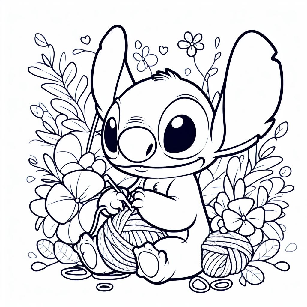 Coloriage Stitch En Train De Tricoter Entoure De Fleurs - Stitch mignon à imprimer