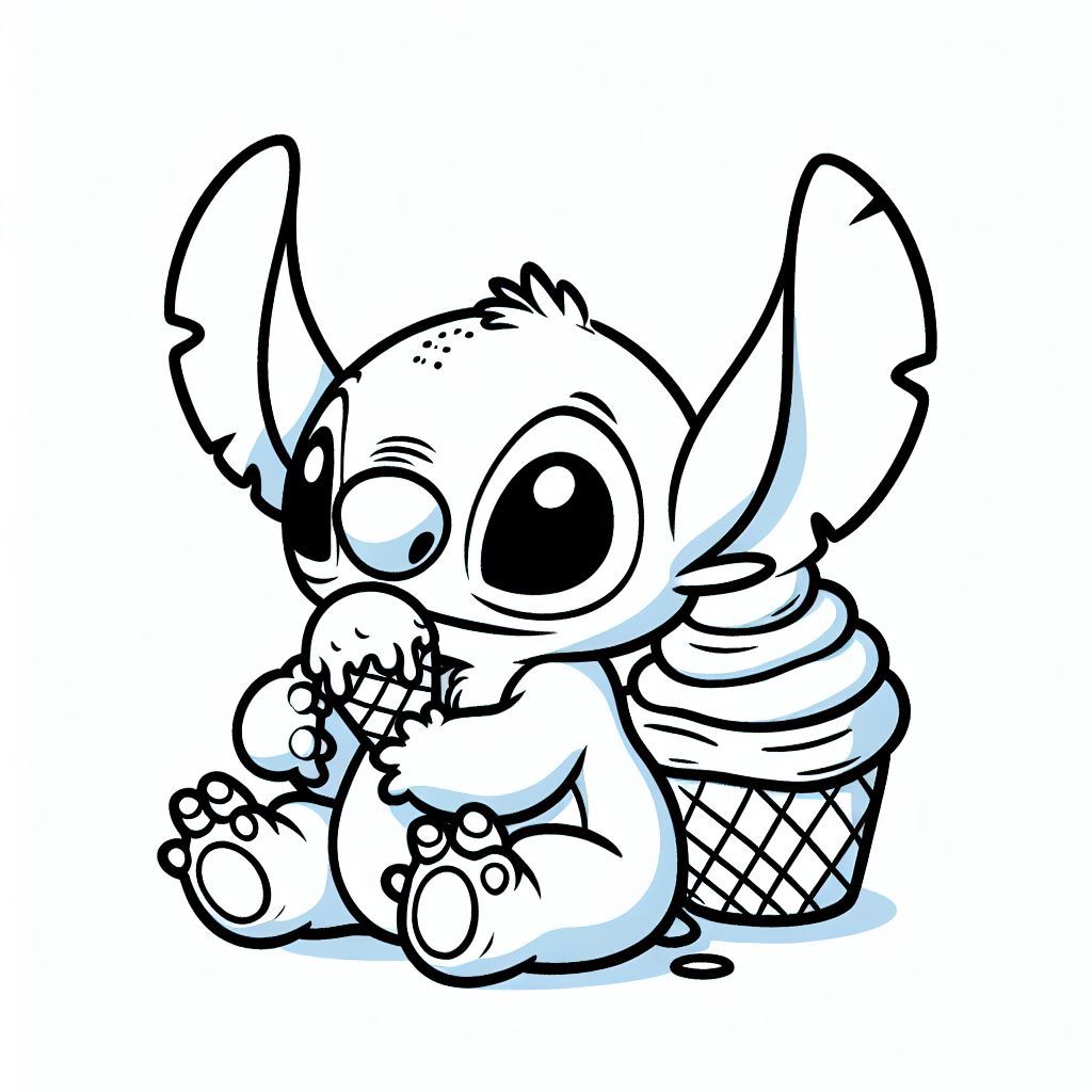 Coloriage Stitch Enjoying Ice Cream Facile - Stitch facile à imprimer