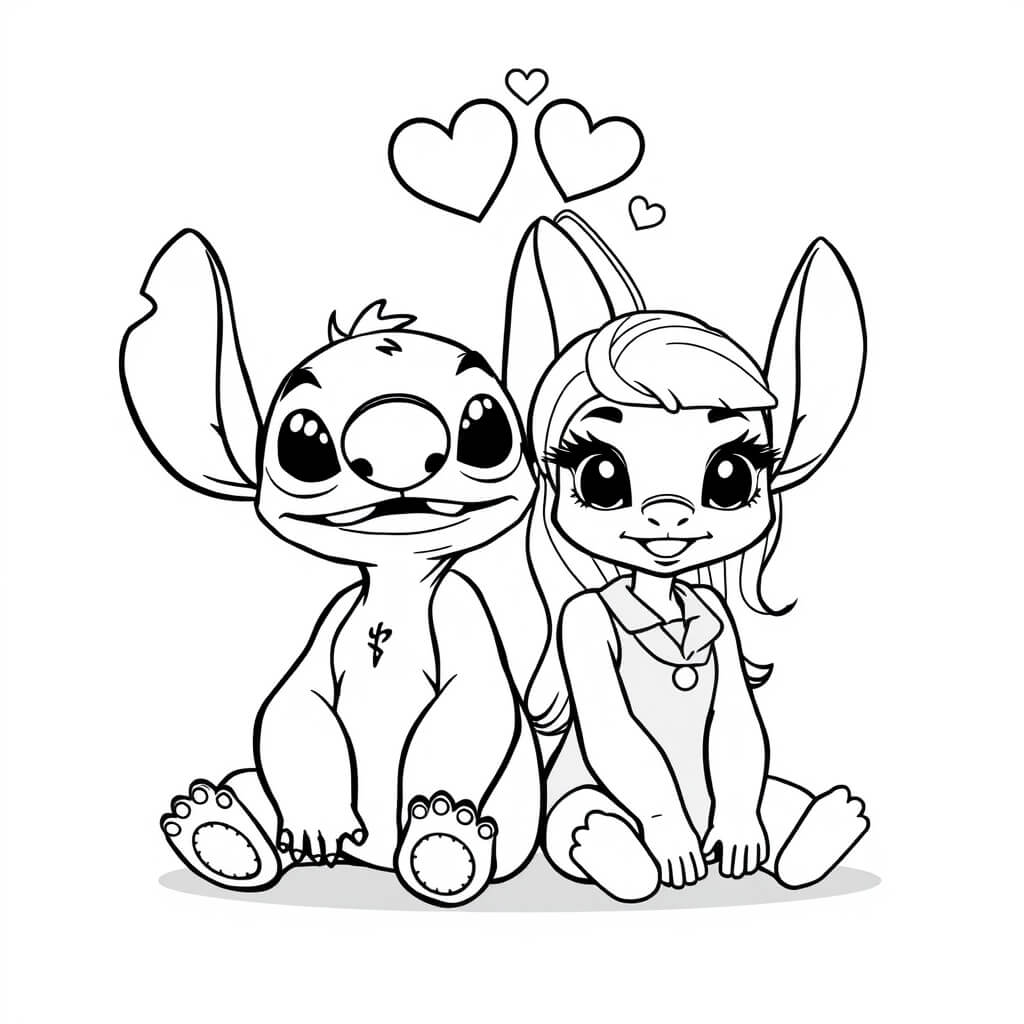 Coloriage Stitch Et Angel Amour Et Cœurs - Stitch et angel à imprimer