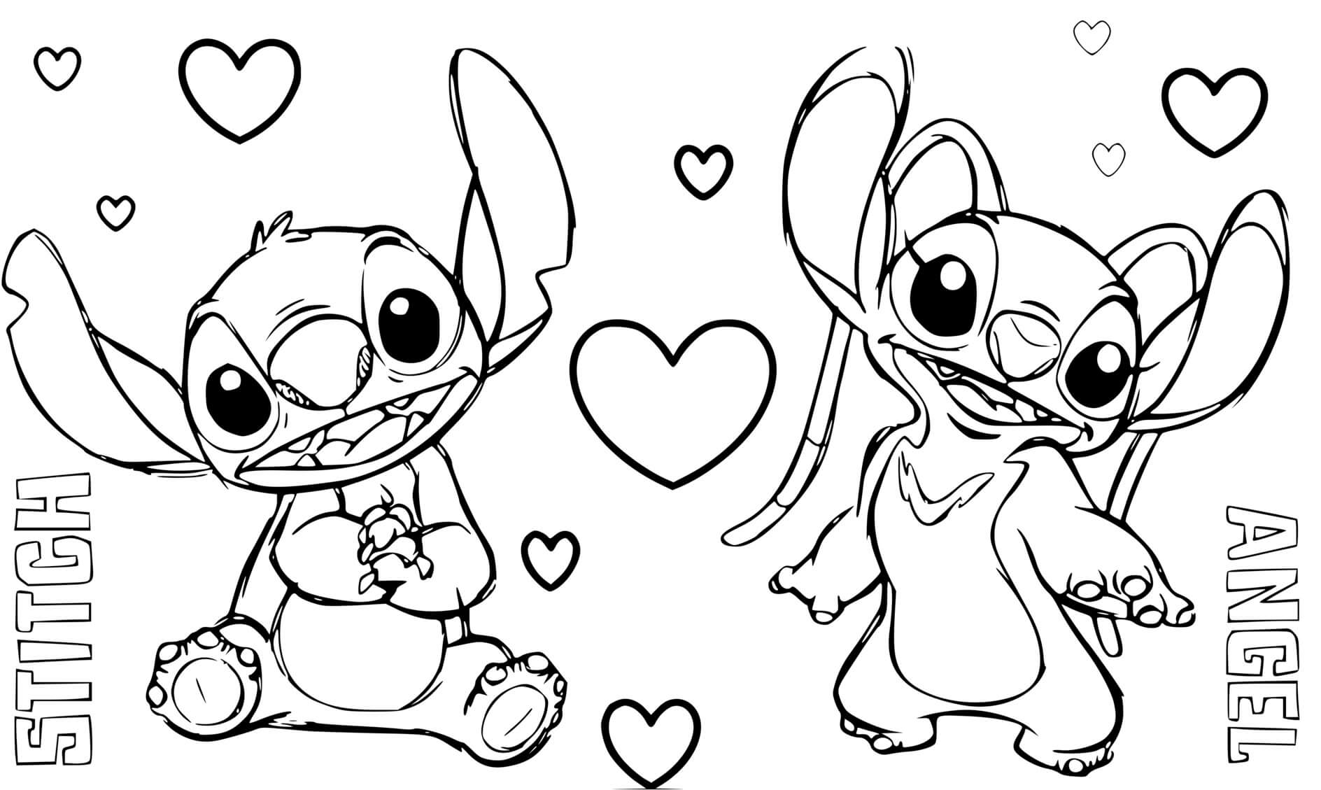 Coloriage Stitch Et Angel Avec Cœurs Et Noms - Stitch et angel à imprimer