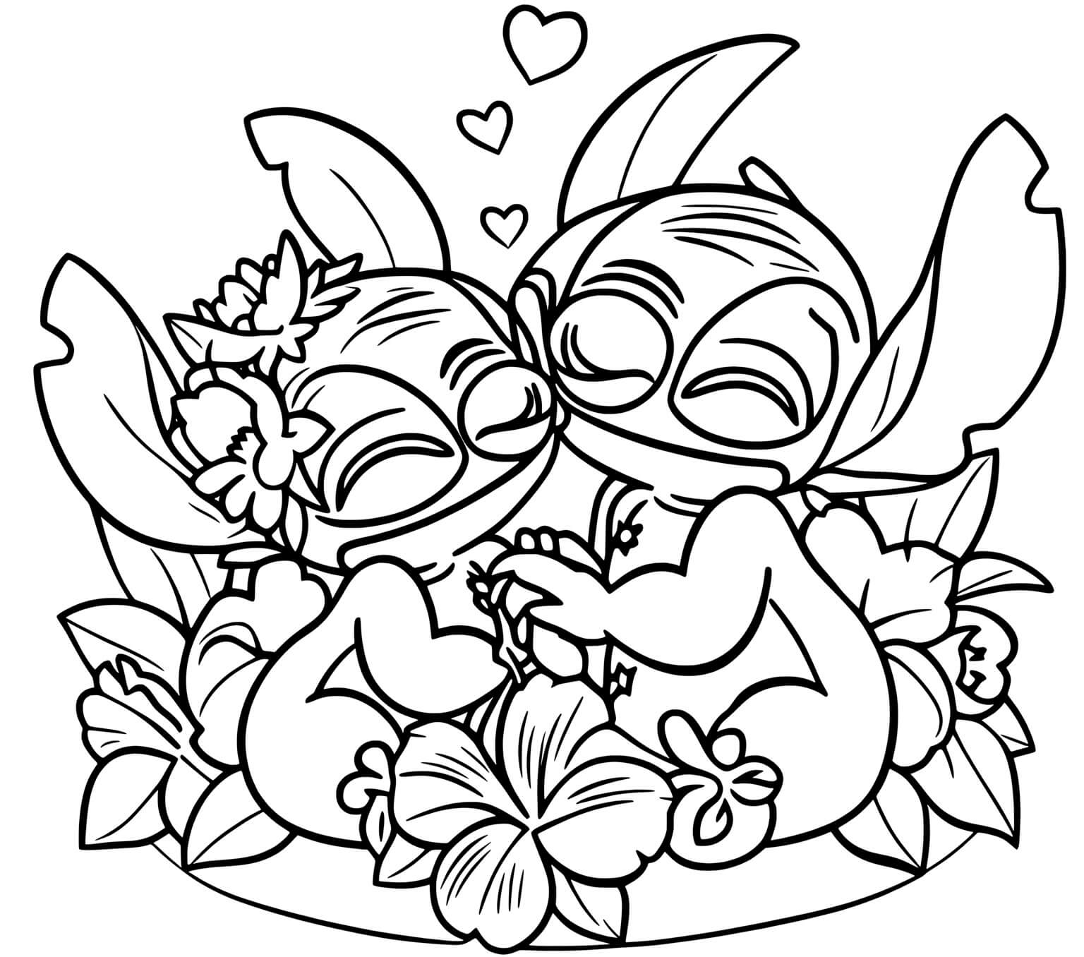 Coloriage Stitch Et Angel Dormant Dans Les Fleurs - Stitch et angel à imprimer