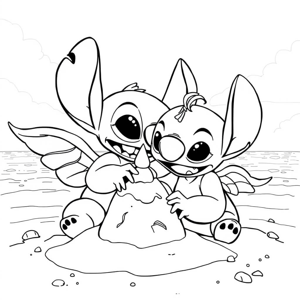 Coloriage Stitch Et Angel Plage Et Jeu De Sable - Stitch et angel à imprimer