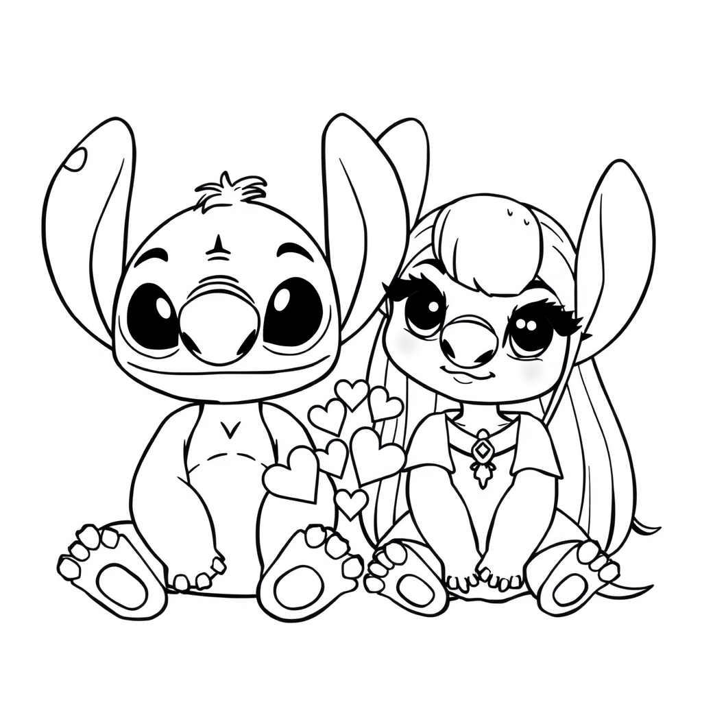 Coloriage Stitch Et Angel Romantique Avec Cœurs - Stitch et angel à imprimer
