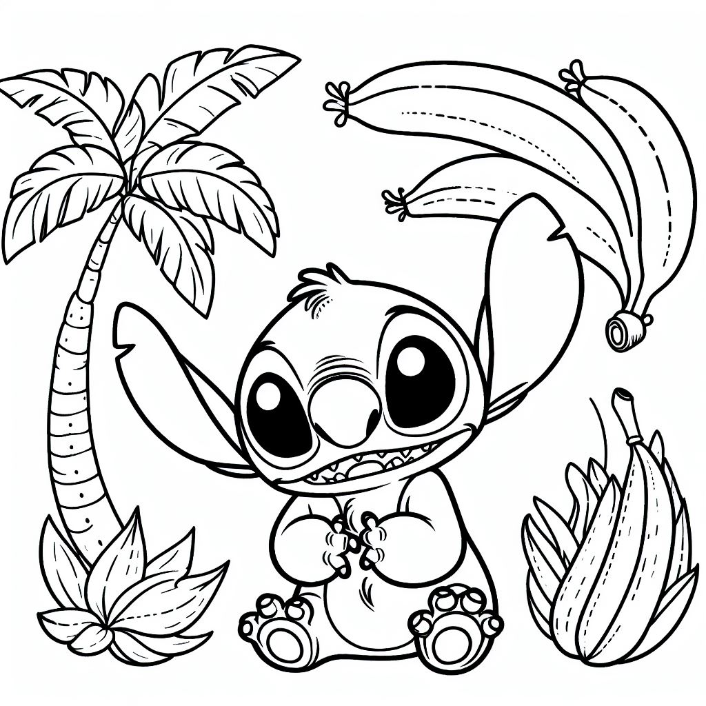 Coloriage Stitch jouant avec des bananes tropicales - Stitch mignon à imprimer