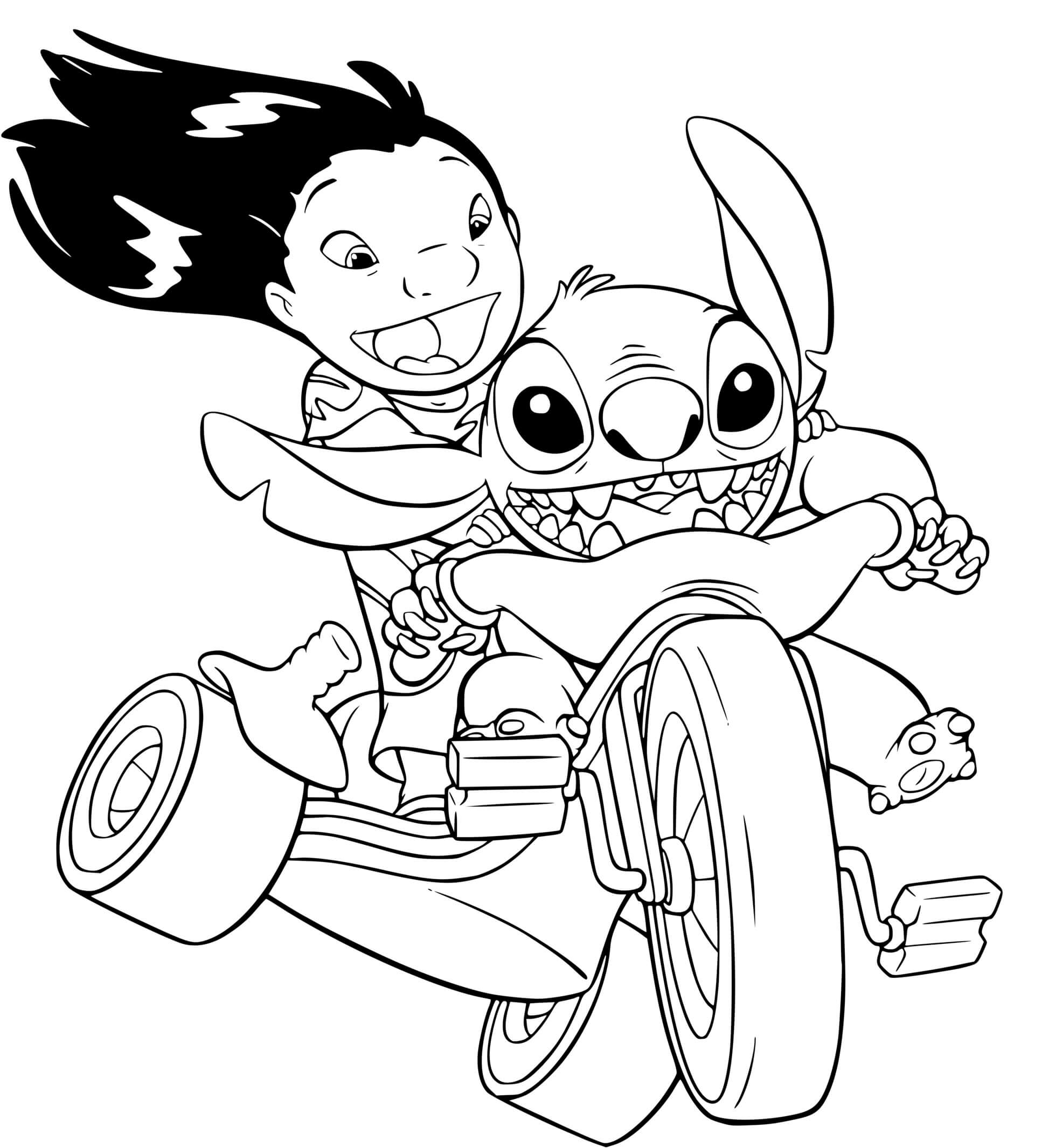 Coloriage Stitch Et Lilo Adore La Vitesse Avec Leur Nouvel Moto - Stitch à imprimer
